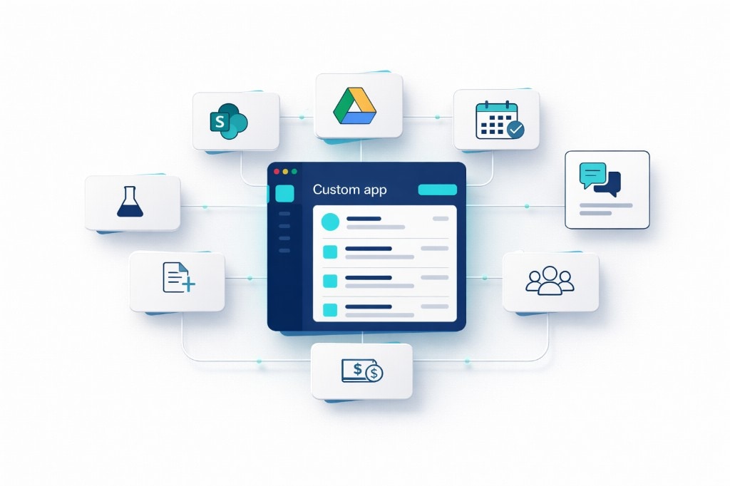Custom app window connected to integrations such as SharePoint, Google Drive, calendar, chat, and labs.