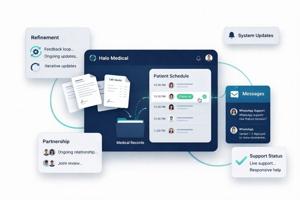 Halo Medical dashboard with records, scheduling, messages, refinement, and support.