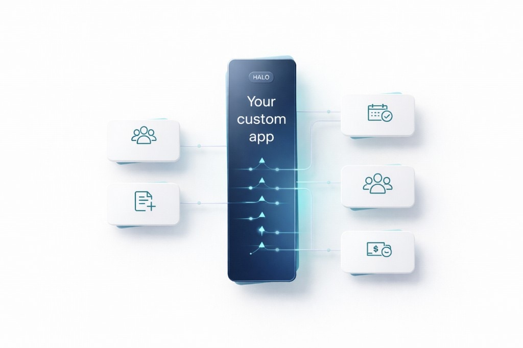 Isometric illustration of a custom app hub with team, documents, calendar, and payments.