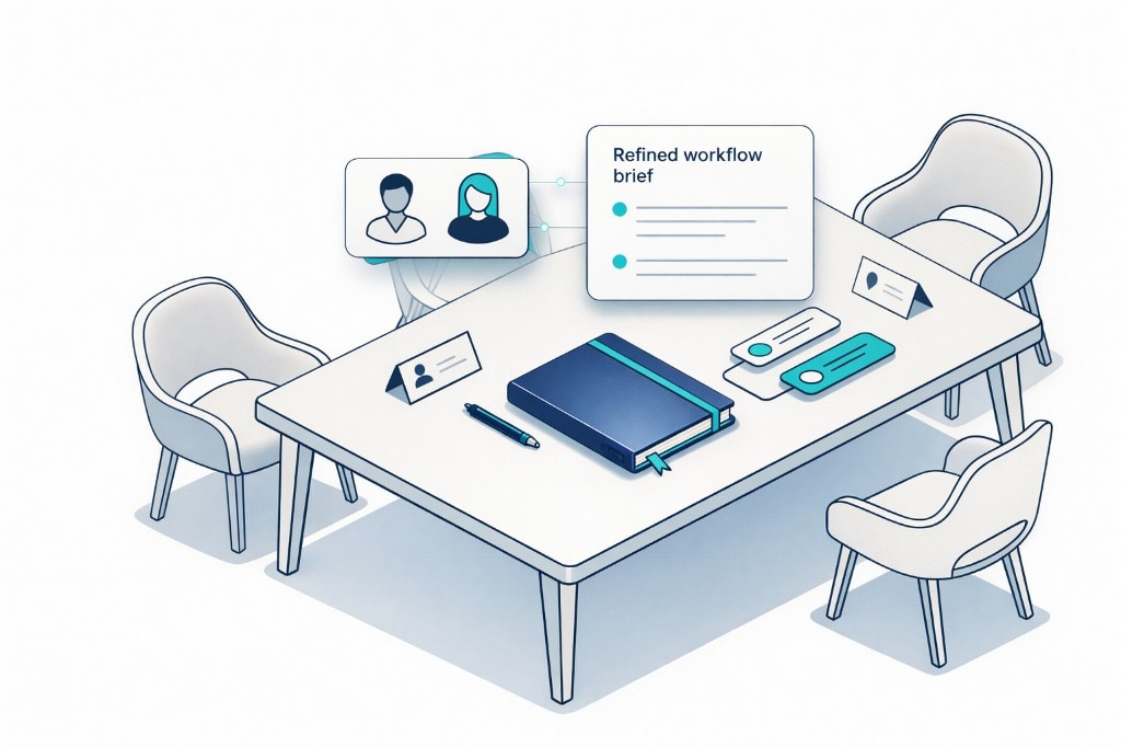 Meeting table with a refined workflow brief, avatars, and planning cards.